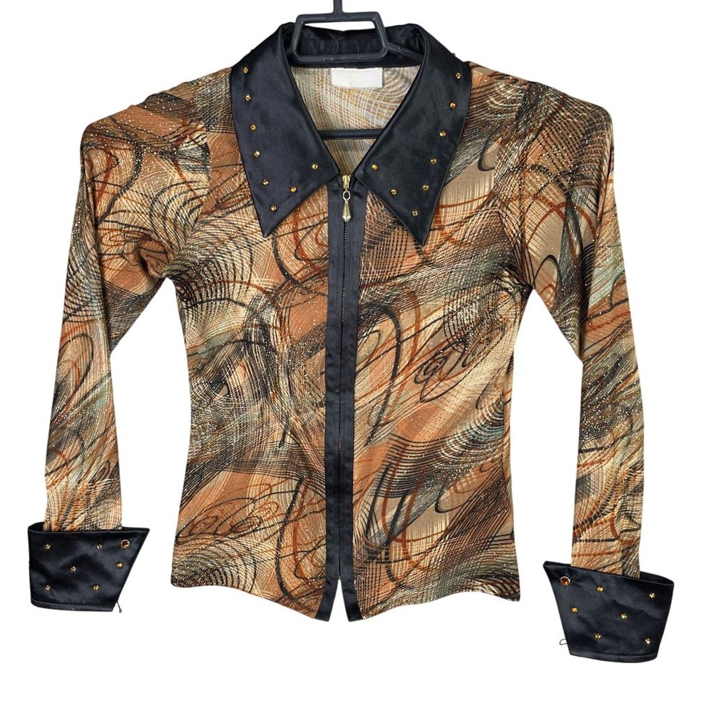Womens Vintage Sheer Brown Abstract Print Zip-Up Blouse Long Sleeve Size S